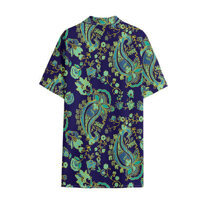 Blue Bohemian Paisley Pattern Print Cotton Hawaiian Shirt