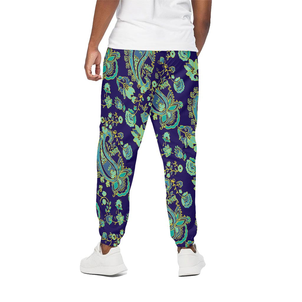 Blue Bohemian Paisley Pattern Print Cotton Pants