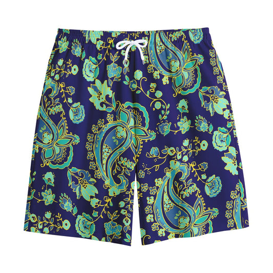 Blue Bohemian Paisley Pattern Print Cotton Shorts