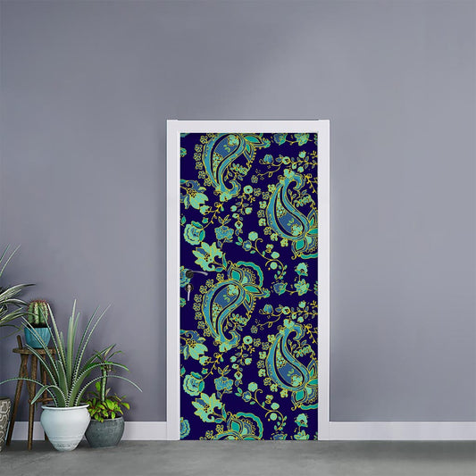 Blue Bohemian Paisley Pattern Print Door Sticker