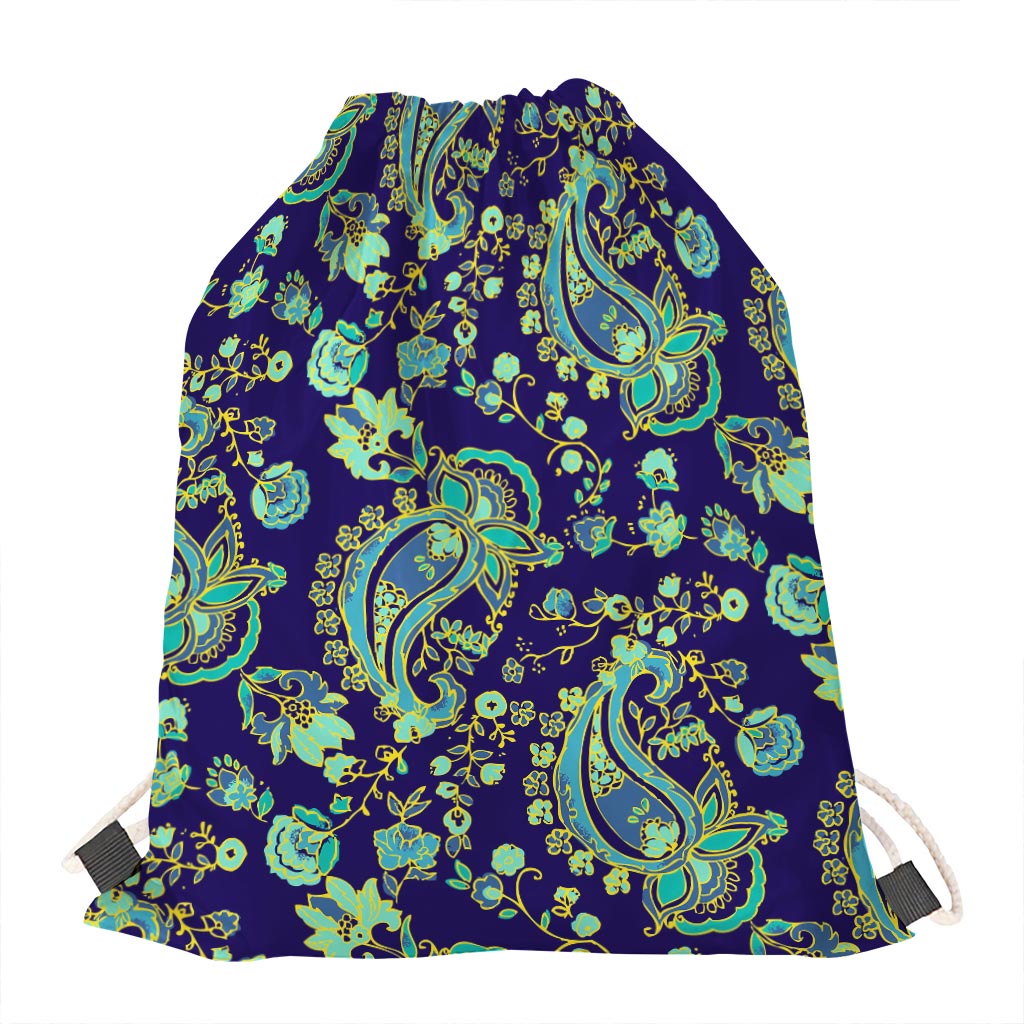 Blue Bohemian Paisley Pattern Print Drawstring Bag