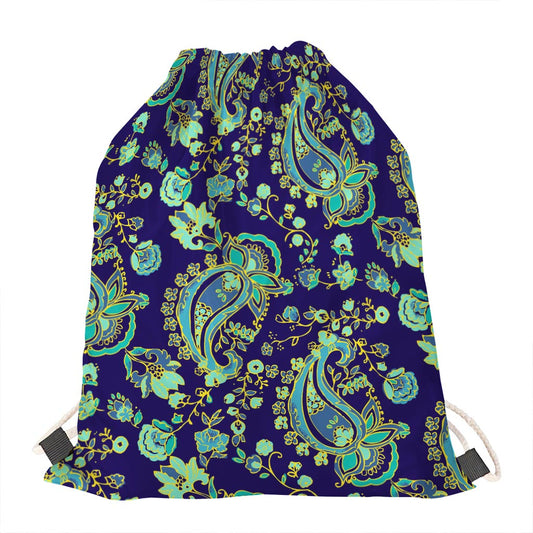 Blue Bohemian Paisley Pattern Print Drawstring Bag