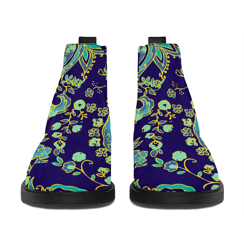 Blue Bohemian Paisley Pattern Print Flat Ankle Boots