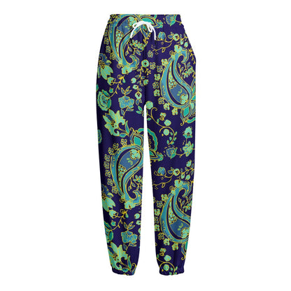 Blue Bohemian Paisley Pattern Print Fleece Lined Knit Pants