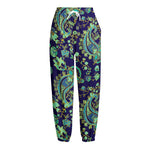 Blue Bohemian Paisley Pattern Print Fleece Lined Knit Pants