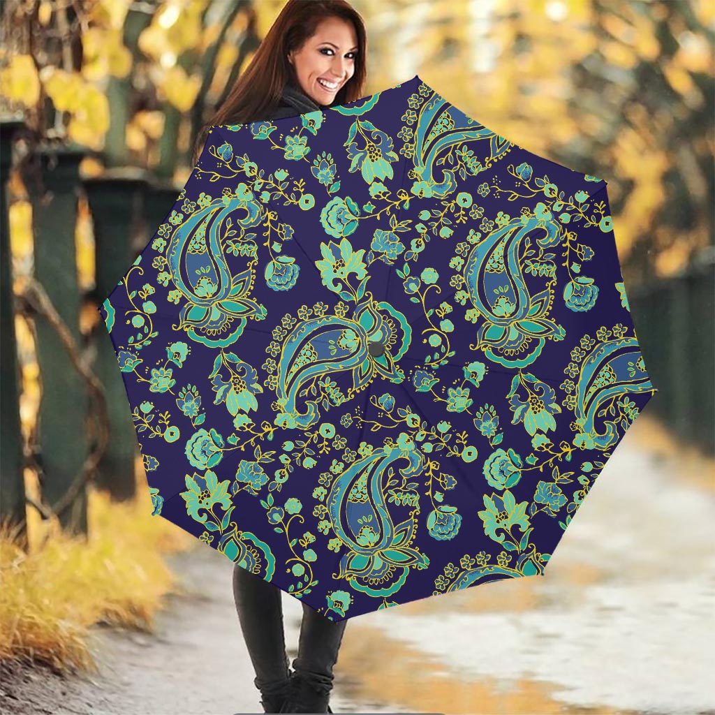 Blue Bohemian Paisley Pattern Print Foldable Umbrella