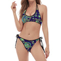 Blue Bohemian Paisley Pattern Print Halter Scoop Tie Side Bikini