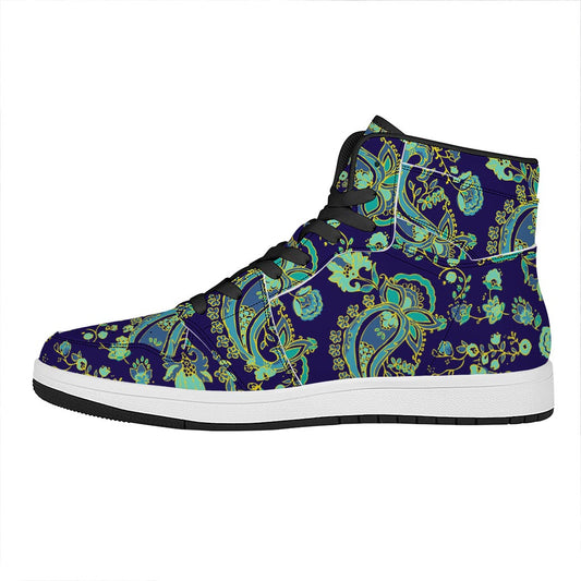 Blue Bohemian Paisley Pattern Print High Top Leather Sneakers