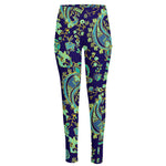 Blue Bohemian Paisley Pattern Print High-Waisted Pocket Leggings