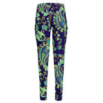 Blue Bohemian Paisley Pattern Print High-Waisted Pocket Leggings