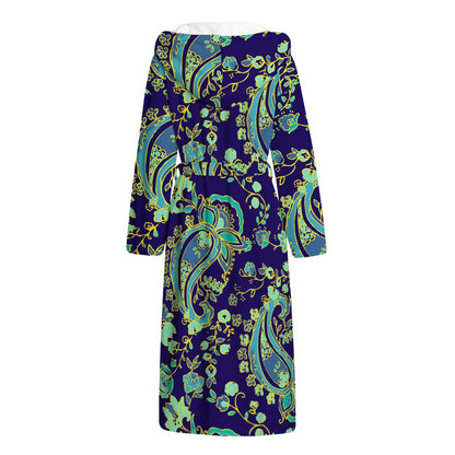 Blue Bohemian Paisley Pattern Print Hooded Bathrobe