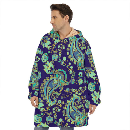 Blue Bohemian Paisley Pattern Print Hoodie Blanket