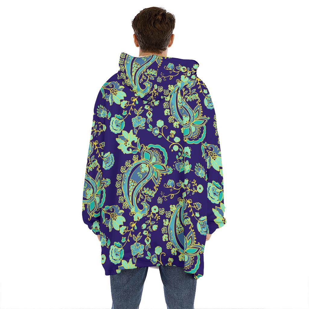 Blue Bohemian Paisley Pattern Print Hoodie Blanket