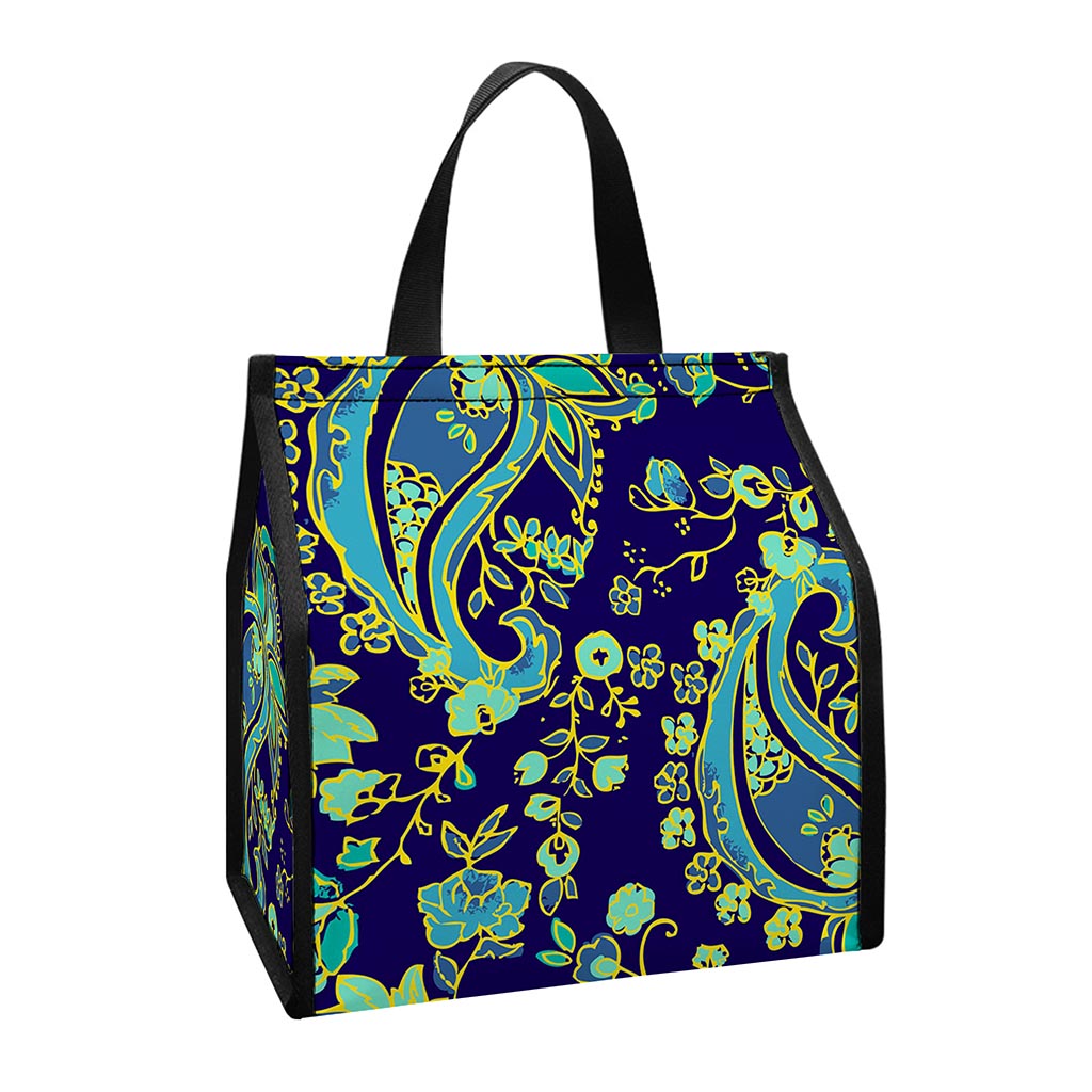 Blue Bohemian Paisley Pattern Print Insulated Lunch Tote