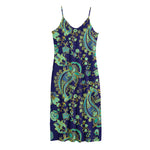 Blue Bohemian Paisley Pattern Print Jersey Midi Cami Dress