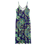 Blue Bohemian Paisley Pattern Print Jersey Midi Cami Dress