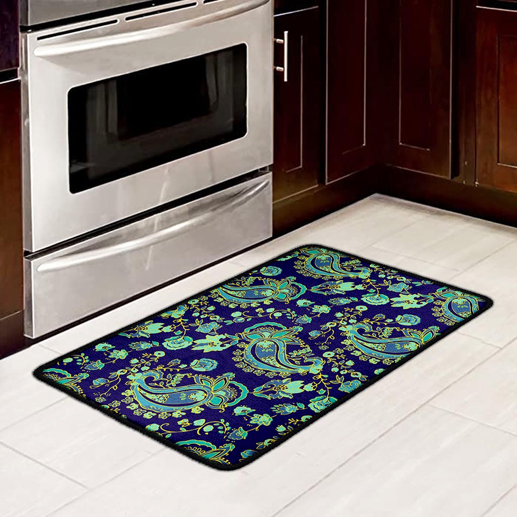 Blue Bohemian Paisley Pattern Print Kitchen Mat
