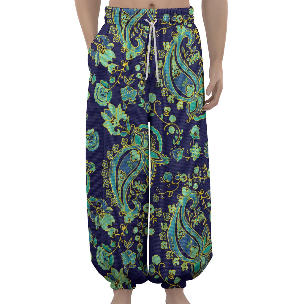 Blue Bohemian Paisley Pattern Print Lantern Pants