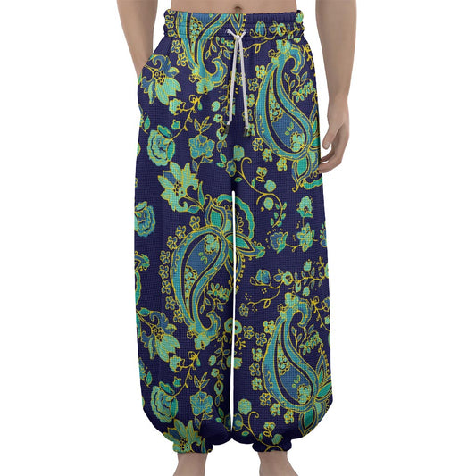 Blue Bohemian Paisley Pattern Print Lantern Pants