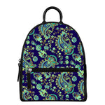 Blue Bohemian Paisley Pattern Print Leather Backpack