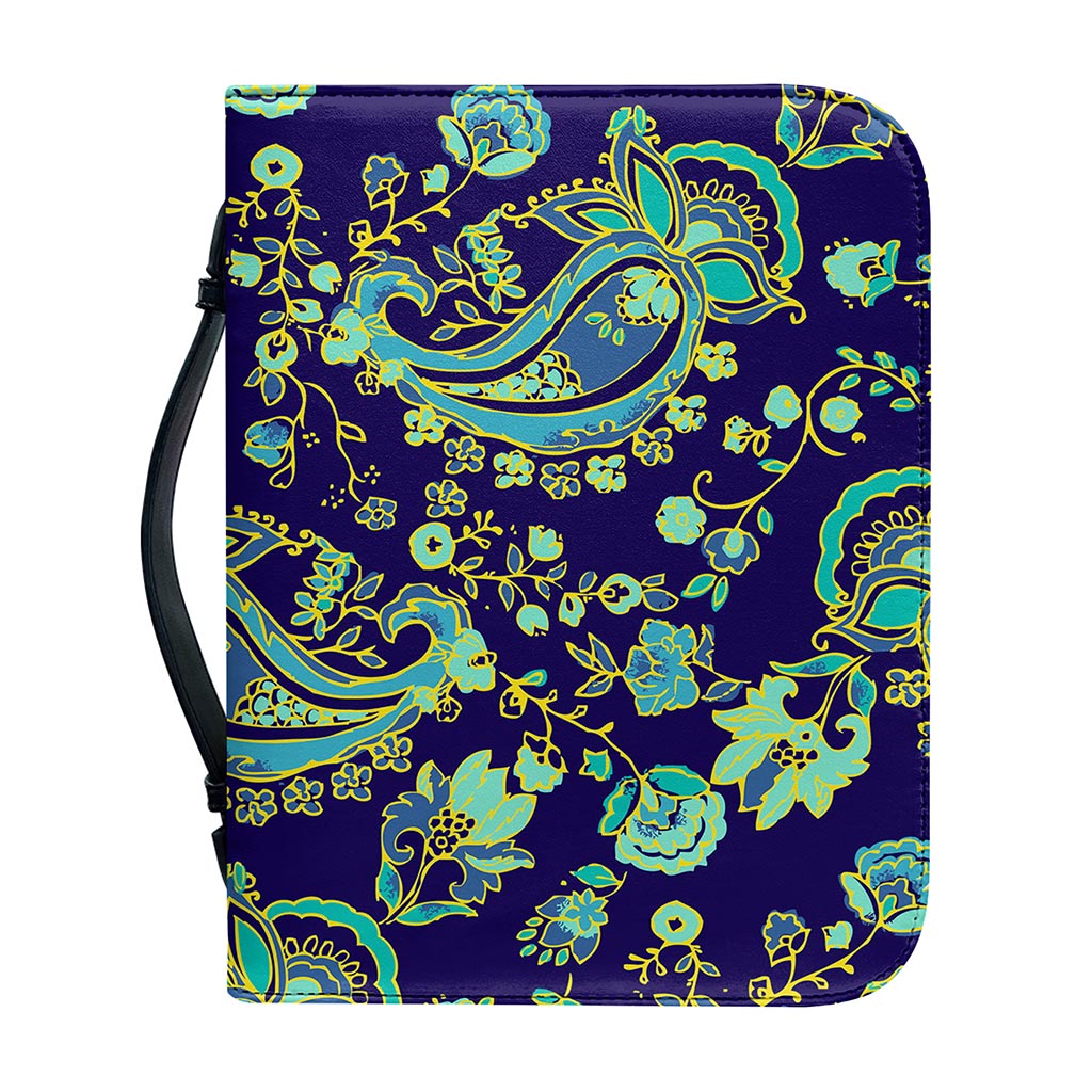 Blue Bohemian Paisley Pattern Print Leather Bible Cover