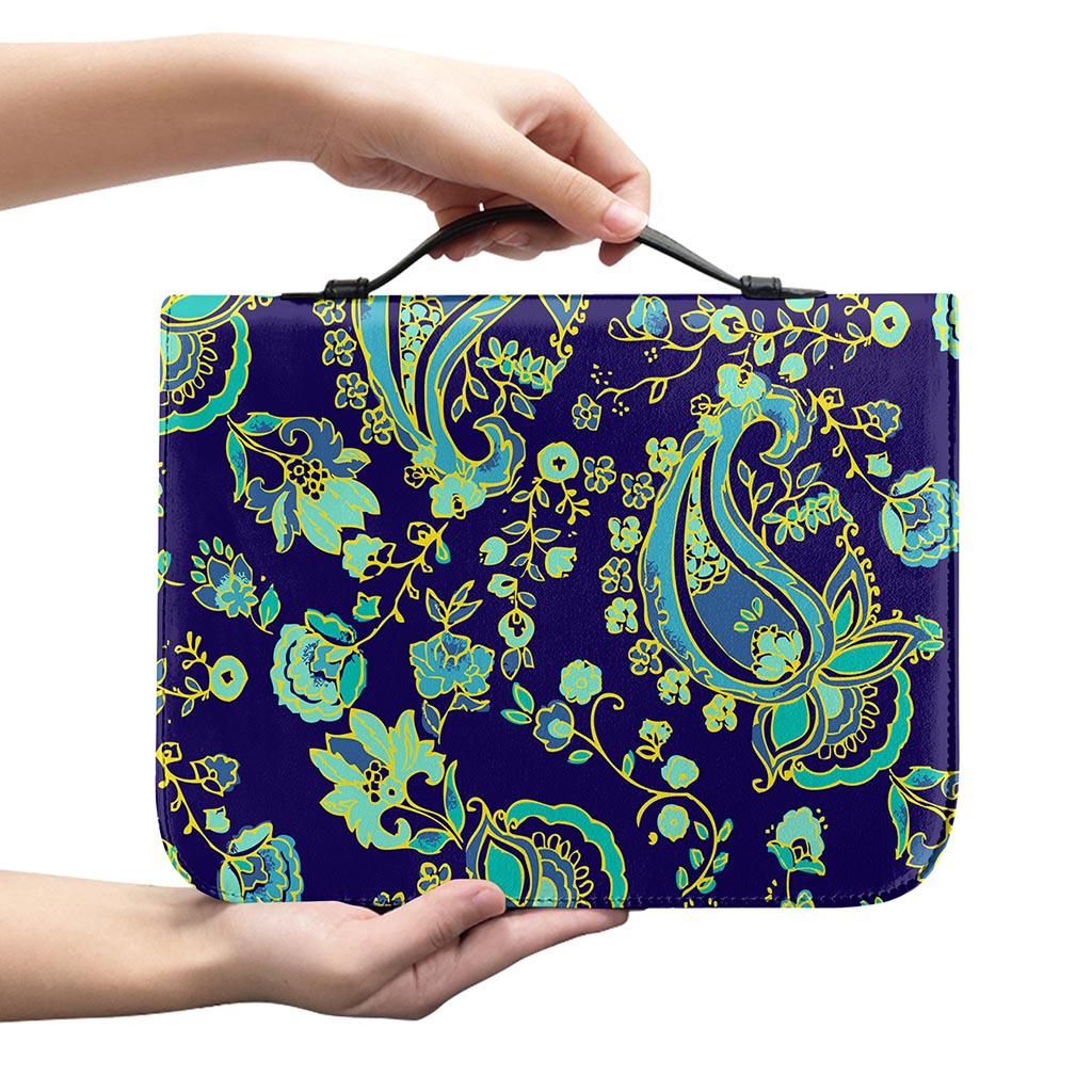 Blue Bohemian Paisley Pattern Print Leather Bible Cover