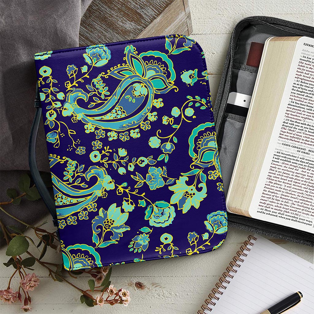 Blue Bohemian Paisley Pattern Print Leather Bible Cover