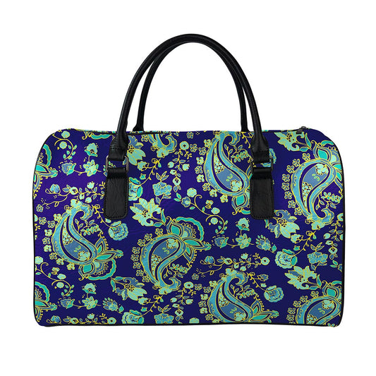 Blue Bohemian Paisley Pattern Print Leather Duffle Bag