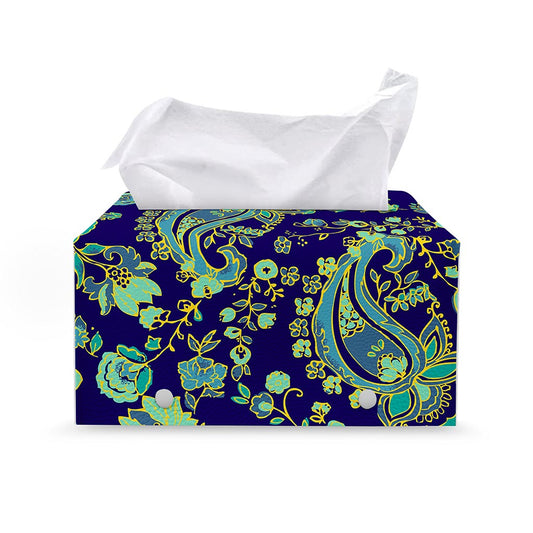 Blue Bohemian Paisley Pattern Print Leather Tissue Box Cover