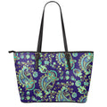 Blue Bohemian Paisley Pattern Print Leather Tote Bag With Zipper