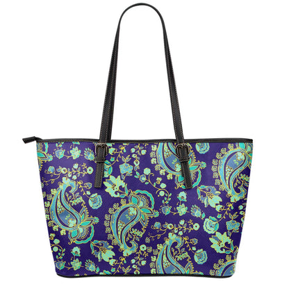 Blue Bohemian Paisley Pattern Print Leather Tote Bag