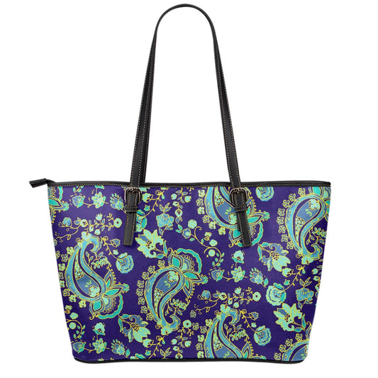 Blue Bohemian Paisley Pattern Print Leather Tote Bag