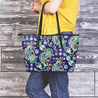 Blue Bohemian Paisley Pattern Print Leather Tote Bag