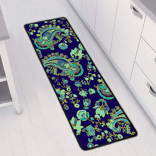 Blue Bohemian Paisley Pattern Print Long Kitchen Mat