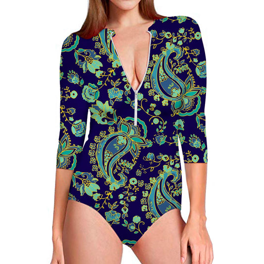 Blue Bohemian Paisley Pattern Print Long Sleeve Swimsuit