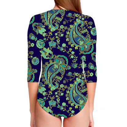 Blue Bohemian Paisley Pattern Print Long Sleeve Swimsuit