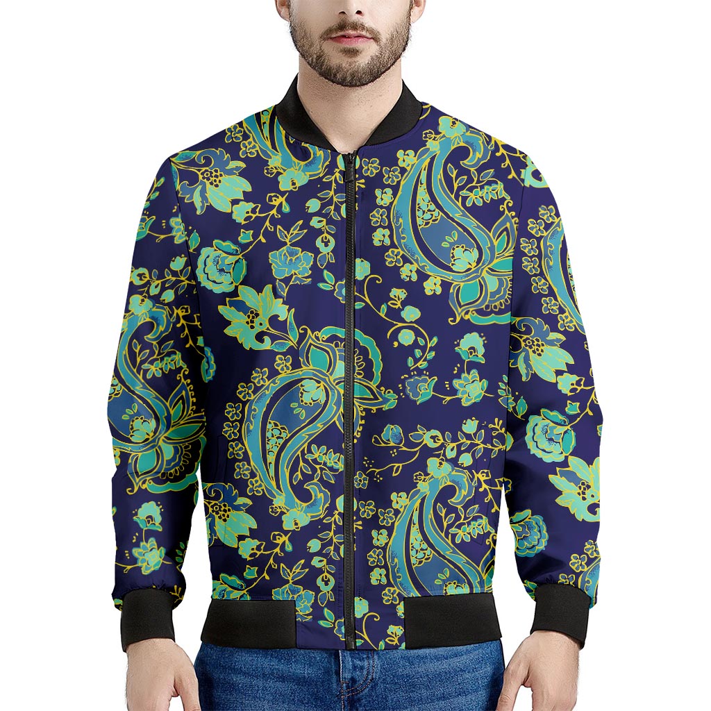 Blue Bohemian Paisley Pattern Print Men's Bomber Jacket