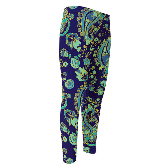 Blue Bohemian Paisley Pattern Print Men's Compression Pants
