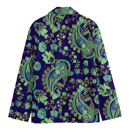 Blue Bohemian Paisley Pattern Print Men's Cotton Blazer