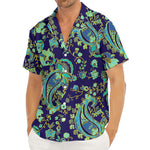 Blue Bohemian Paisley Pattern Print Men's Deep V-Neck Shirt