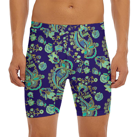 Blue Bohemian Paisley Pattern Print Men's Long Boxer Briefs