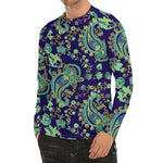 Blue Bohemian Paisley Pattern Print Men's Long Sleeve Rash Guard