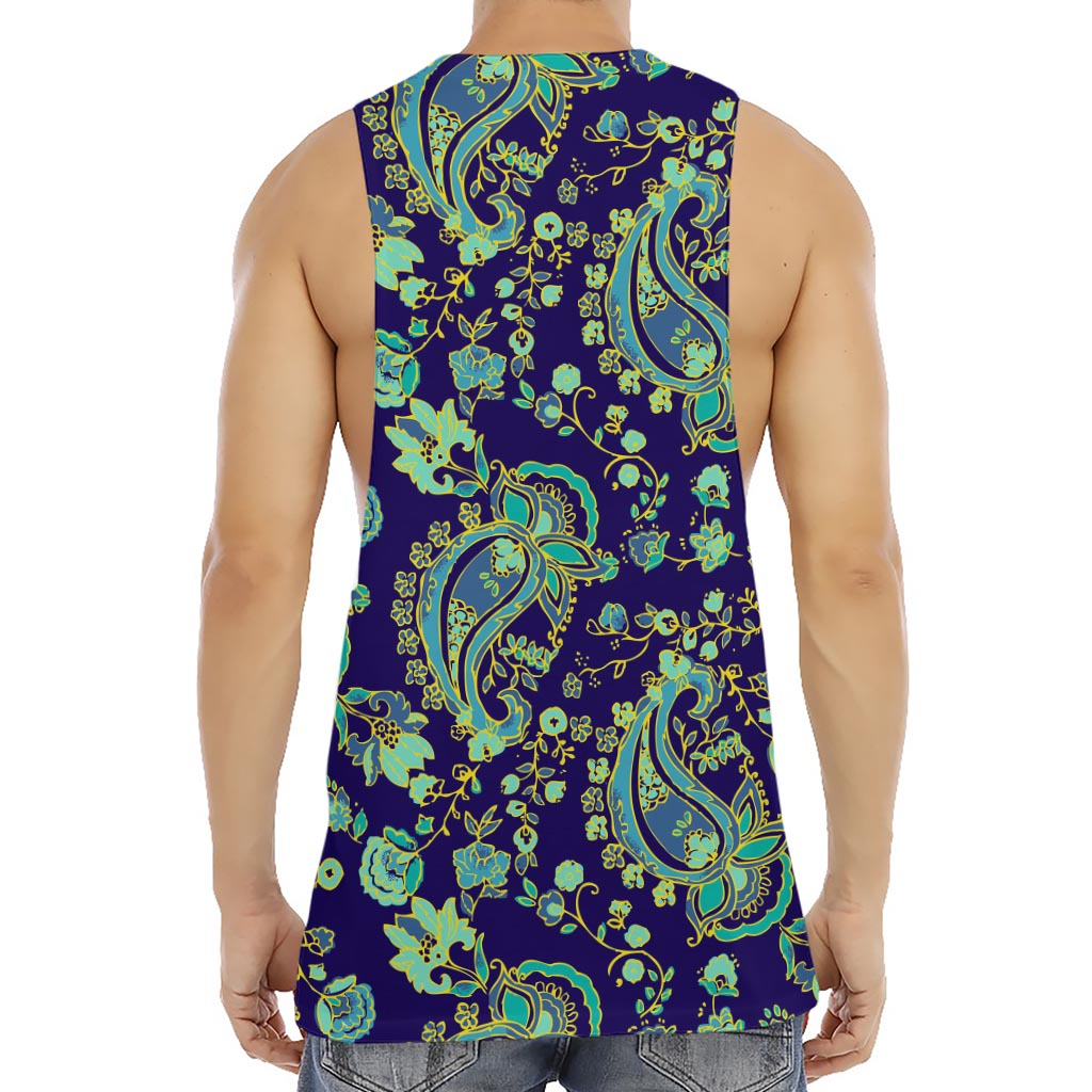 Blue Bohemian Paisley Pattern Print Men's Muscle Tank Top