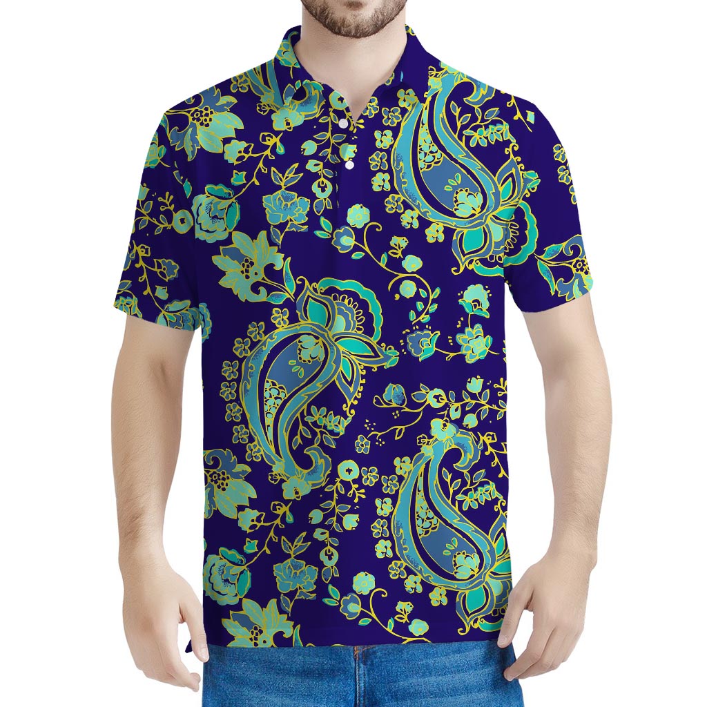 Blue Bohemian Paisley Pattern Print Men's Polo Shirt