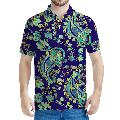 Blue Bohemian Paisley Pattern Print Men's Polo Shirt