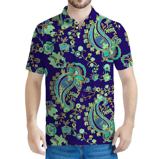Blue Bohemian Paisley Pattern Print Men's Polo Shirt
