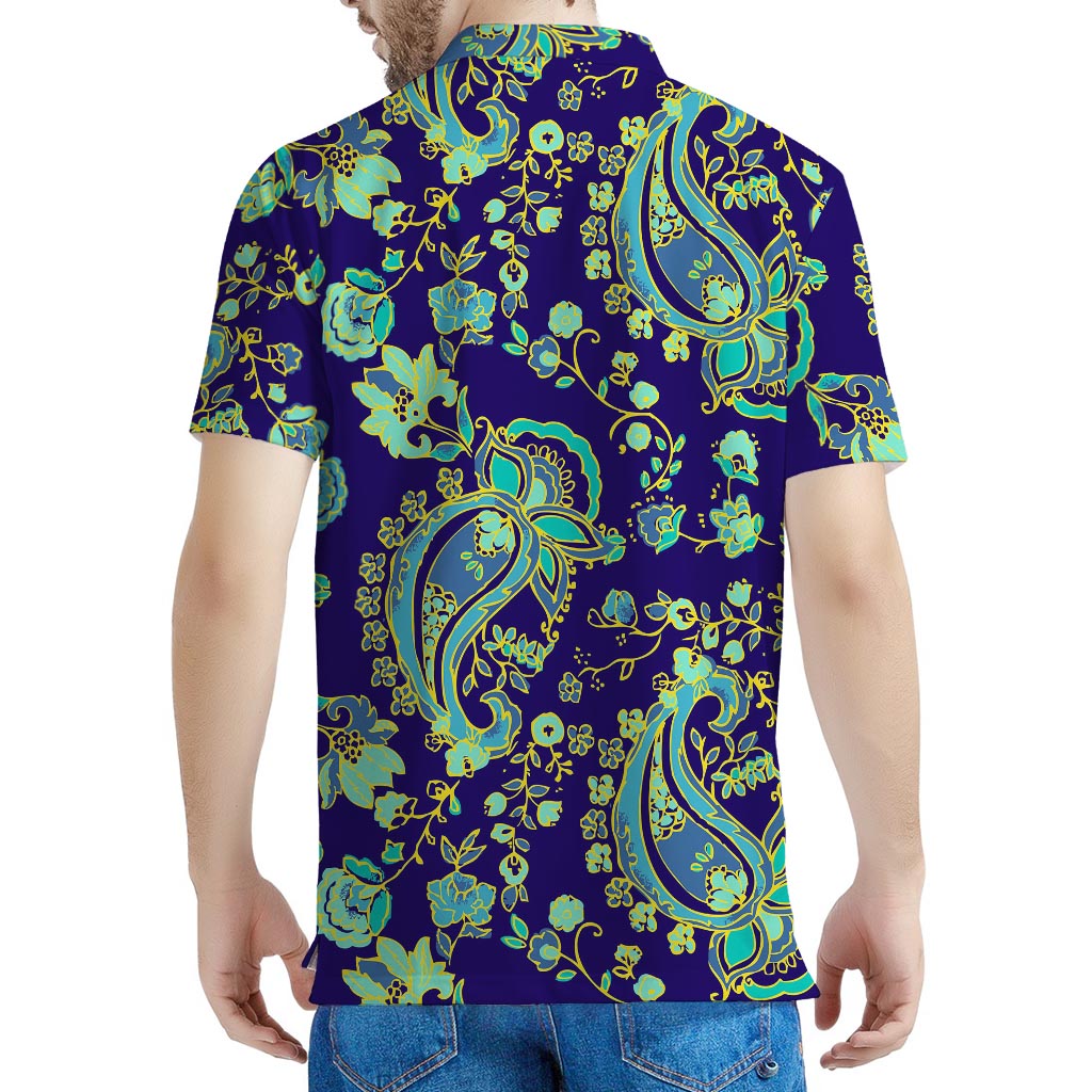 Blue Bohemian Paisley Pattern Print Men's Polo Shirt