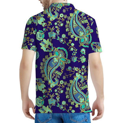 Blue Bohemian Paisley Pattern Print Men's Polo Shirt