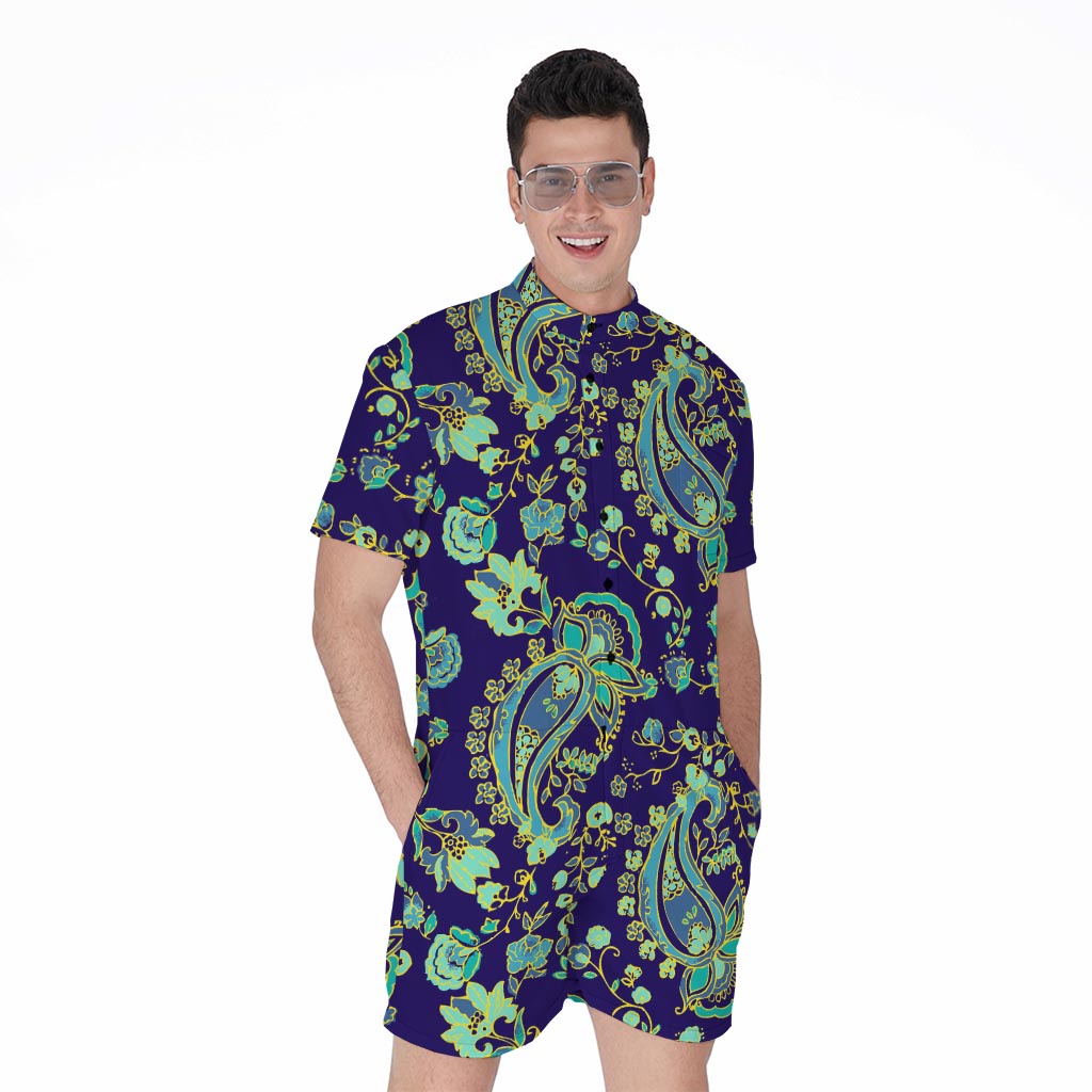 Blue Bohemian Paisley Pattern Print Men's Rompers