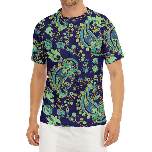 Blue Bohemian Paisley Pattern Print Men's Short Sleeve Rash Guard
